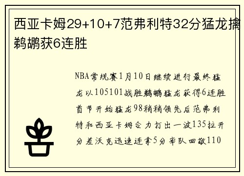 西亚卡姆29+10+7范弗利特32分猛龙擒鹈鹕获6连胜